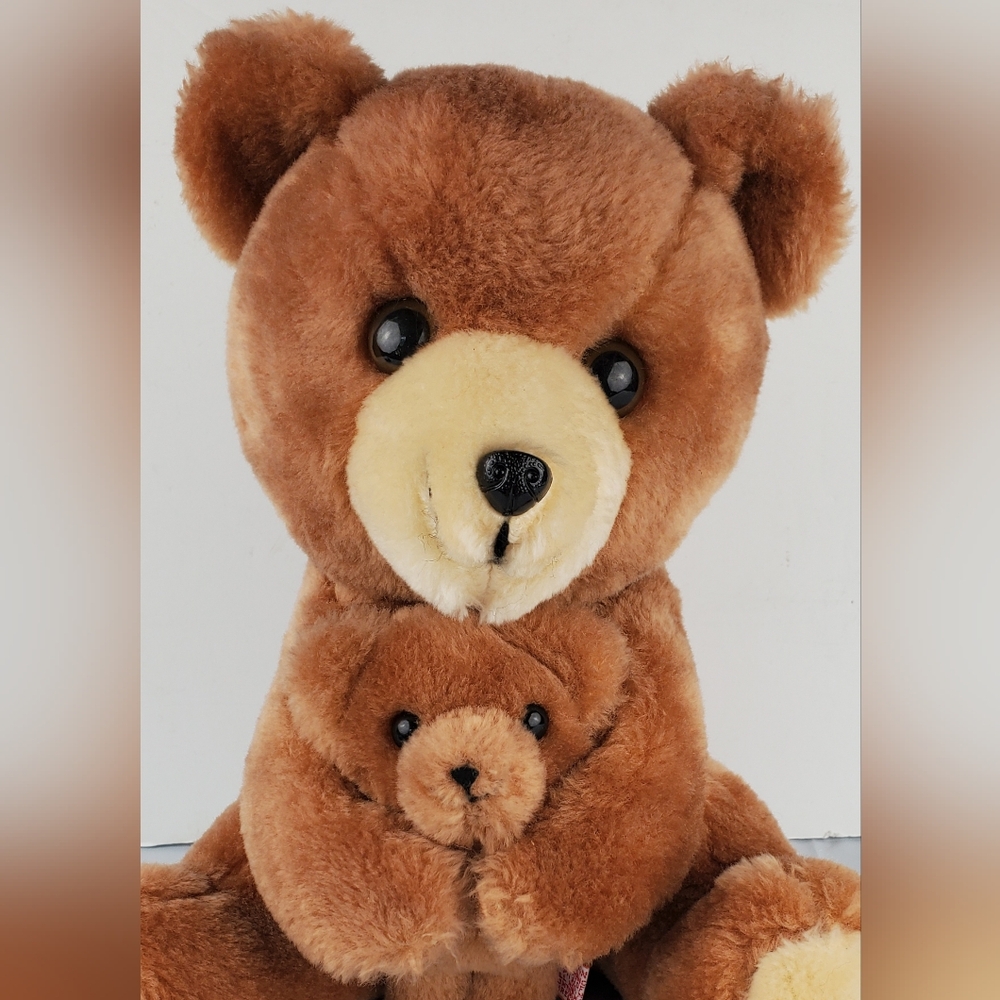 R Dakin Co VTG 1977 Momma Teddy Bear w/ Baby Stuffed Animal Plush Korea - EUC